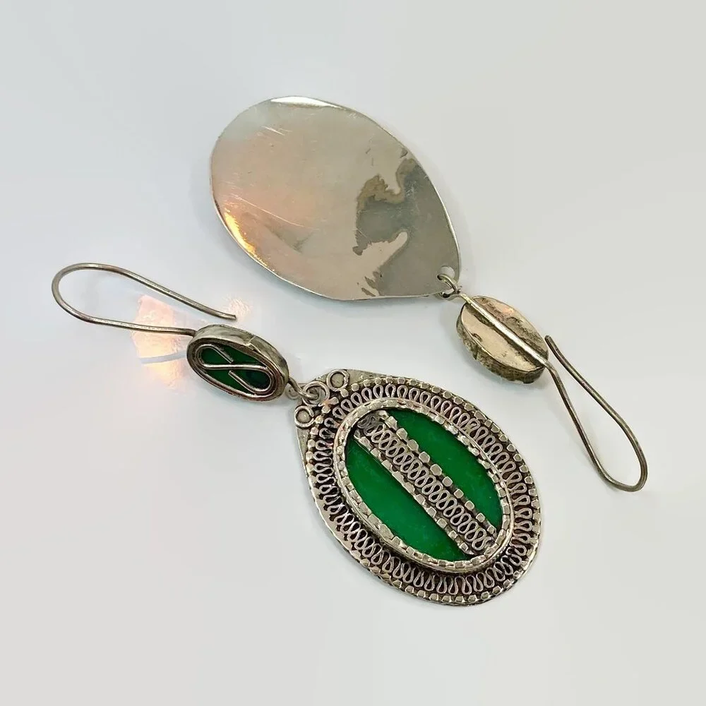 Vintage, Green Earrings, Boho, Afghan, Enameled, Big, 3 1/4